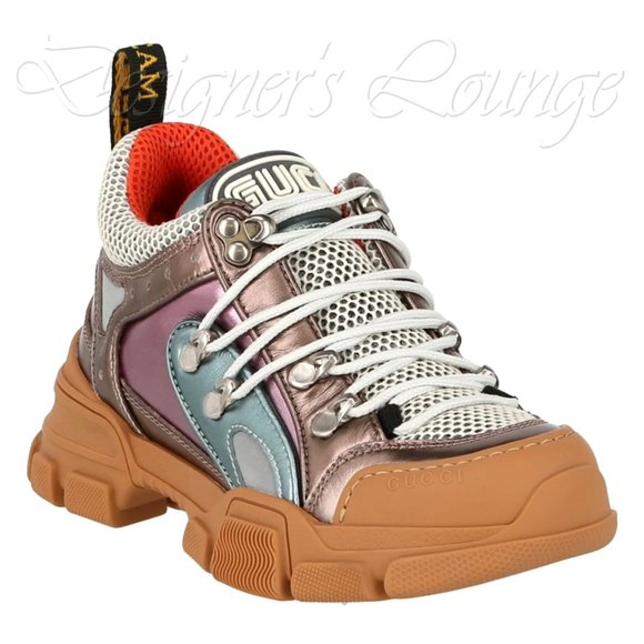 ⚡️SOLD! NEW GUCCI Flashtrek EU 39 / US 8.5 Metallic Leather SEGA Logo Sneakers - Picture 6 of 12